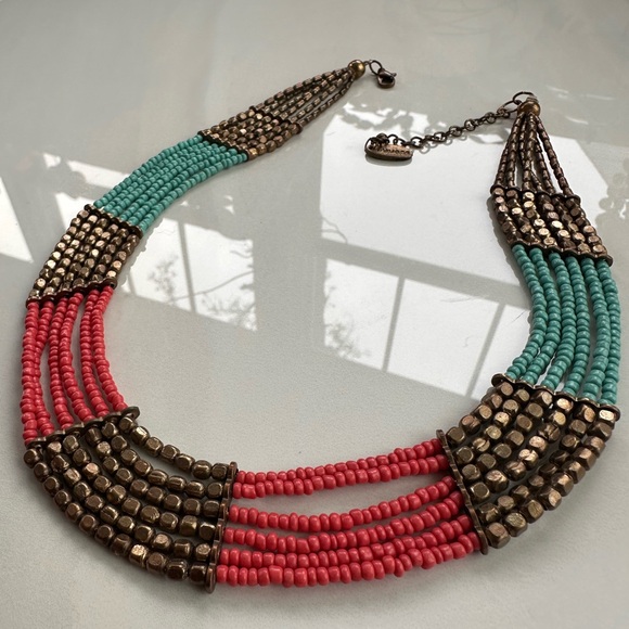 Tanjore Jewelry - Stand Out Tanjore India Turquoise & Coral Colored Multi-Strand Bib Necklace